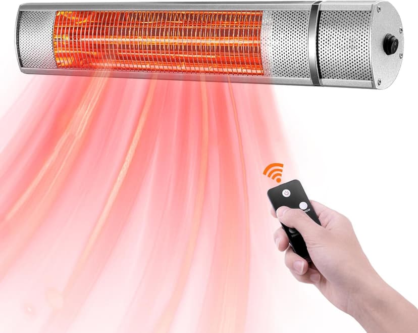 Wall-Mounted Patio Heater for Outdoor Use Electric Infrared Heaters 1500w with 3 Level,Waterproof Space Garage Heater, 3s Heating Remote Control, Silver