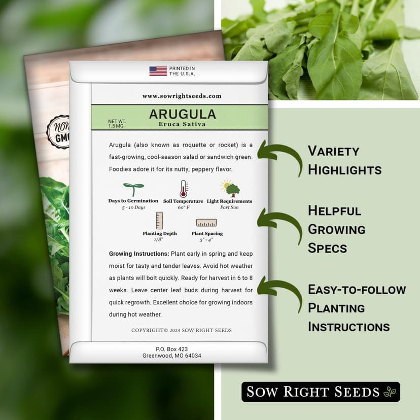 Sow Right Seeds - Arugula Seeds for Planting - Non-GMO Heirloom Seeds with Instructions to Plant a Home Vegetable Garden - Indoors, Hydroponics or Outdoors - Salad Greens - Grow Kitchen Herbs (1)
