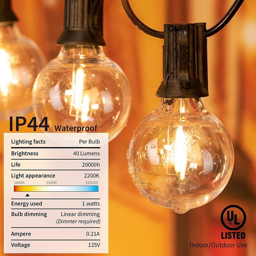 Brightown Led String Lights Outdoor 50Feet G40 Patio Lights with 52 Led Shatterproof Bulbs(2 Spare), Waterproof Led Globe Hanging Lights for Backyard Porch Bistro Balcony Decor, E12 Socket, 2200K