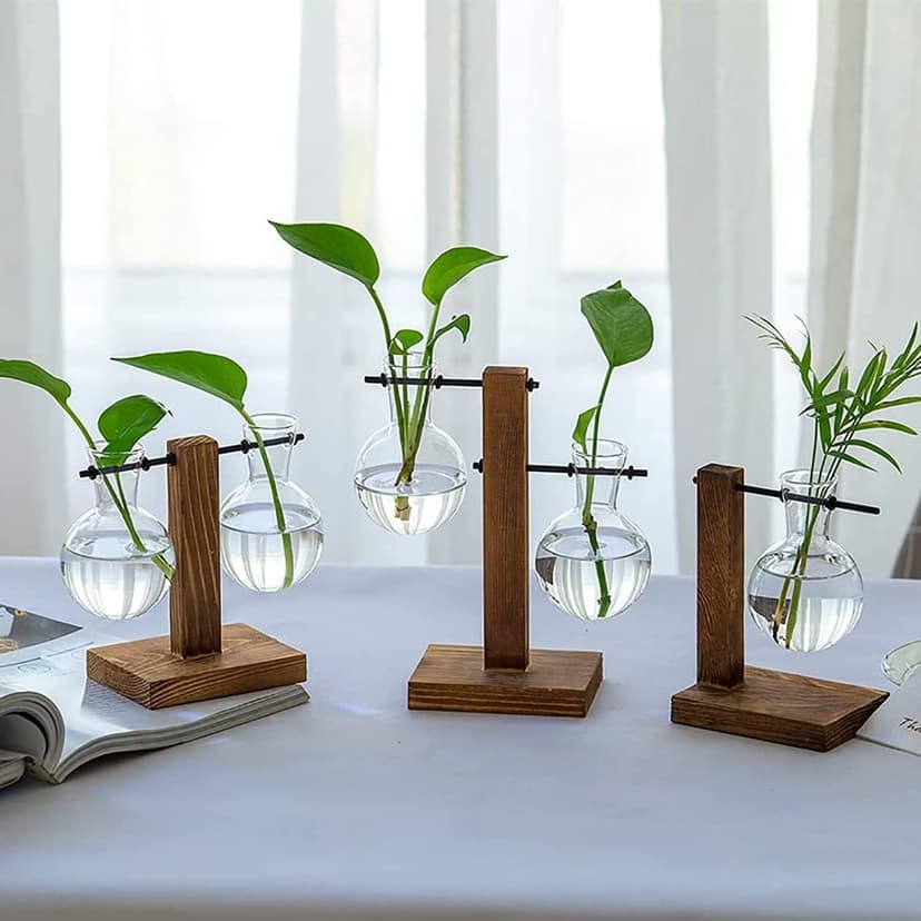 Plant Terrarium with Wooden Stand, Desktop Propagation Stations Glass Air Planter Metal Swivel Holder for Indoor Live Hydroponics Plants Office Home Garden Decor (1 Bulb Vase)