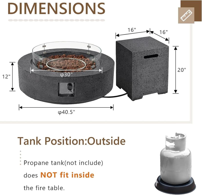 COSIEST 40.5-inch Outdoor Propane Fire Pit Coffee Table w Concrete Round Base Patio Heater, CSA Certified, 50,000 BTU Stainless Steel Burner, Free Lava Rocks, Rain Cover, Wind Guard, Tank Cover, Gray