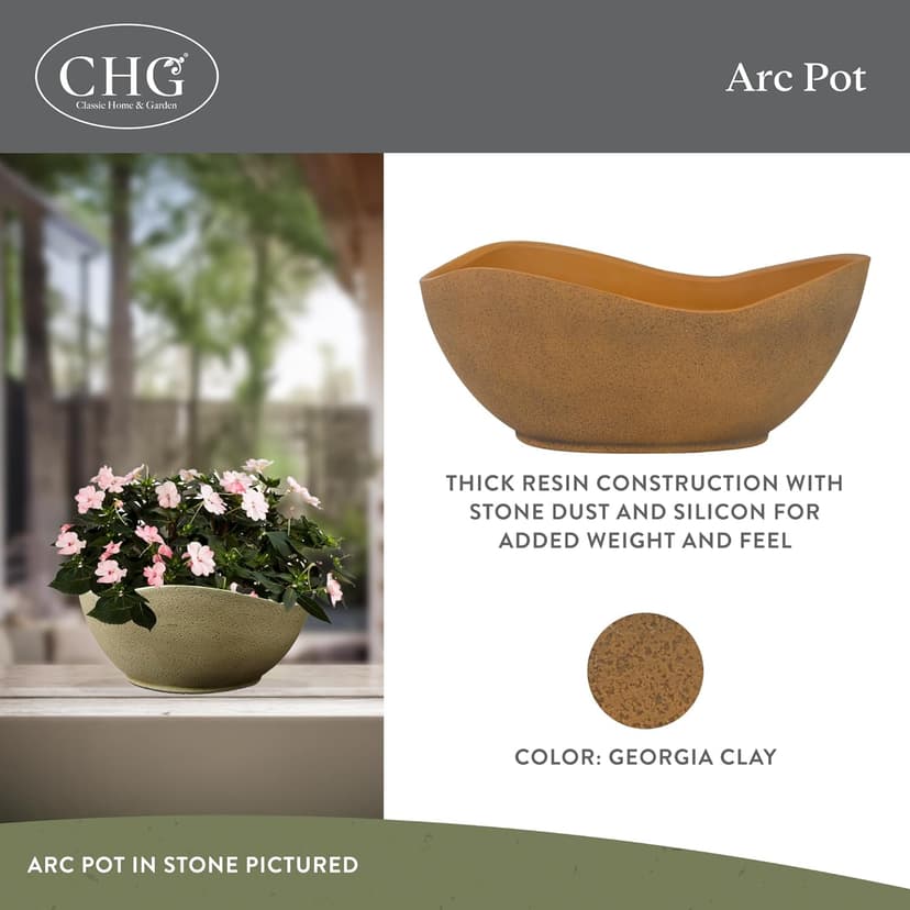 Classic Home and Garden Arc Unique Planter Bowl w/Drain Plug - UV Resistant Shallow Planter - Modern Plant Pot for Herbs (12” Georgia Clay)