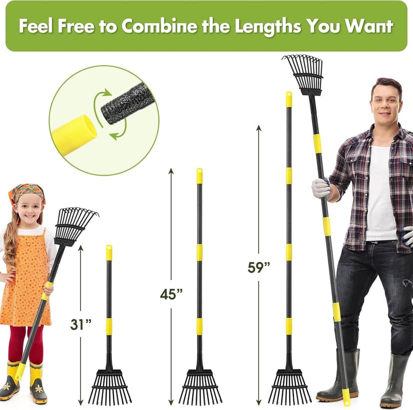 Garden Rake for Leaves Sturdy Metal Small Yard Leaf Rakes for Lawns 60” Length 8.5 Inch Width 11 Tines for Women Men Kids Lightweight with Non-Slip Comfortable Smooth Long Handle