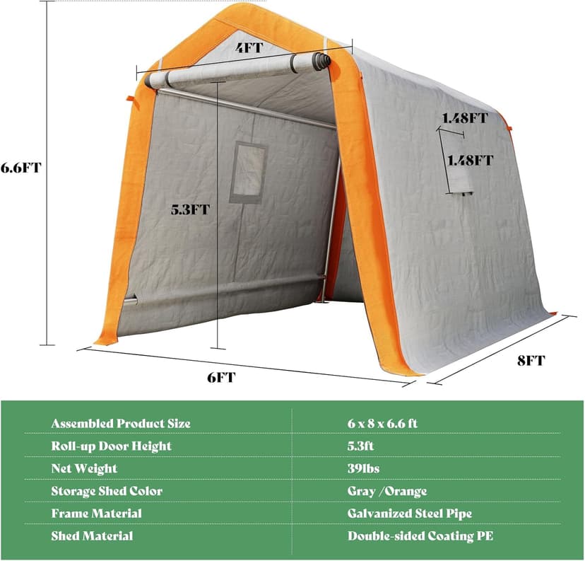 AMERLIFE 6x8x6.6 FT Heavy Duty Portable Shed Storage Shelter, Outdoor Storage Shed with 2 Waterproof Windows & Roll-up Zipper Door, Carport for Motorcycle, Bike, Grey