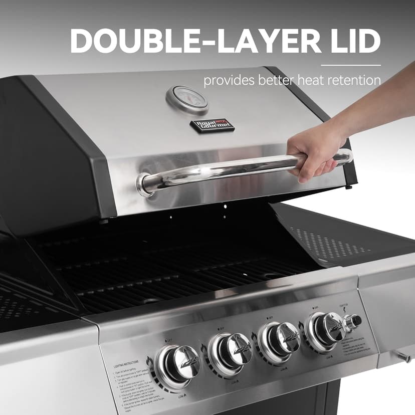 Royal Gourmet 4-Burner Propane Gas Grill with Warming Rack, Outdoor BBQ Grill with 34,000 BTUs Output for Patio Garden Barbecue Grilling, Black & Silver