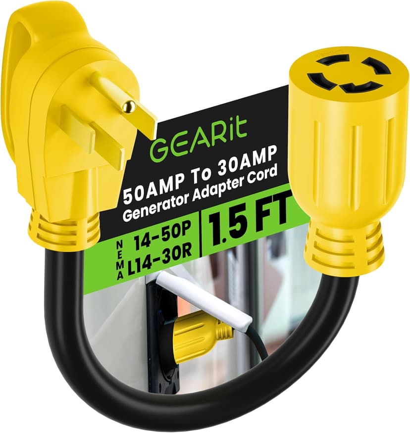 GEARit 50 Amp to 30 Amp 4-Prongs Locking Generator Transfer Switch Adapter Cord, 50Amp Male to 30Amp Female, NEMA 14-50P to NEMA L14-30R, STW 10 Gauge Heavy Duty Generator Adapter Plug - 18in, 1.5ft