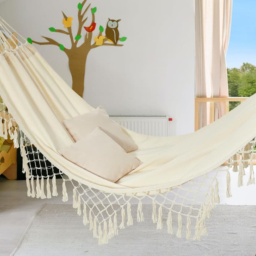 JoyView Boho Macrame Single Hammock with Hanging Ropes & Elegant Tassels 78.8x39.4 Portable Cotton Hammock for Patio Backyard Porch 300LBS Weight Capacity Perfect for Outdoor/Indoor - Beige Color