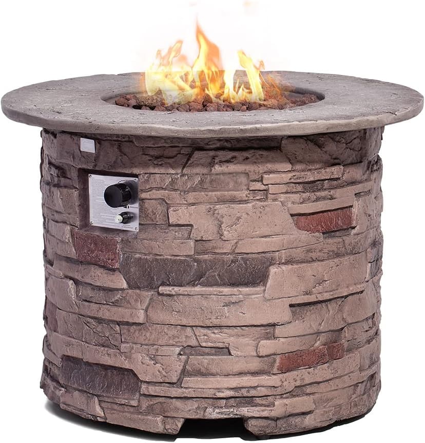 COSIEST Outdoor Propane Concrete Fire Pit Table w Imitation Stone Surface 32-inch Round Fire Table, CSA Certified, 40,000 BTU Stainless Steel Burner, Free Lava Rocks, Fits 20lb Tank Inside