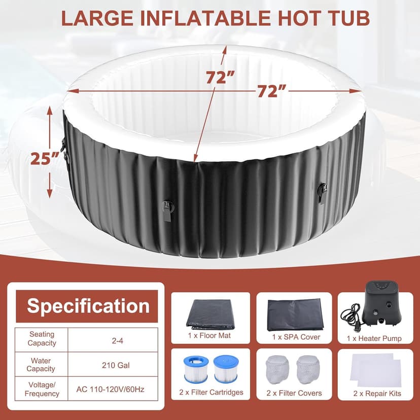 LILYPELLE 2-4 Person Inflatable Hot Tub, Portable Large Round Hottub with 120 Bubble Jets, Outdoor Spa Set Included Heater Pump, Filter and Spa Cover, 72" X 72" X 25"