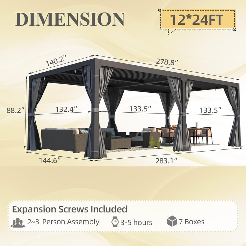 MELLCOM Louvered Pergola 12x24, Aluminum With Adjustable Roof, Outdoor With Waterproof Curtains and Nets, Dark Grey