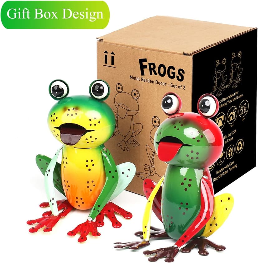 Metal Garden Decor Yard Art for Outside Set of 2 Cute Big Frogs Lawn Patio Ornaments Backyard Decorations Garden Gifts for Mom - (Yellow,Green)