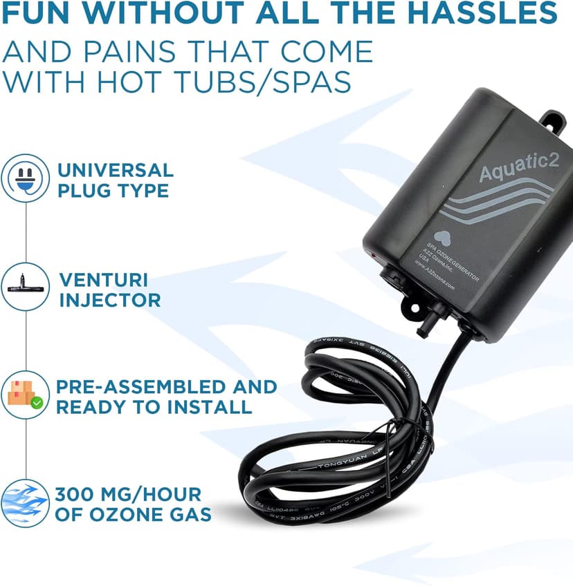 Aquatic 2 Spa, Hot Tub Ozone Generator 300 mg/h, Spa Skin Care, Ozonator, Irritant Reducer, for Water Sanitation