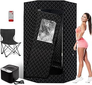 PEEKO Portable Sauna for Home, Full Size Personal Pentagon Sauna Tent Sauna Box with 3L Capacity 1200w Steamer, Foldable Chair with Side Pocket, Customized Pentagon Sweat Mat, Remote Controller