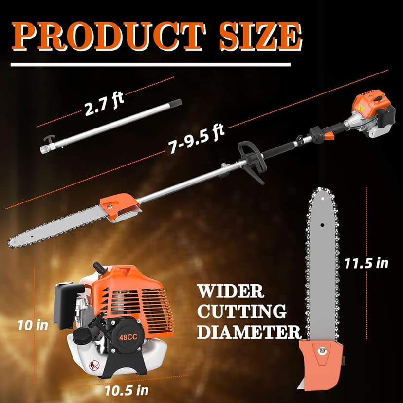 48CC Gas Powered Pole Saws,2-Stroke Gas Pole Saws for Tree Trimming with11.5in Cutting Bar, with Extendable Pole to Height Reachable 16 FT Chainsaw Tree Trimmer