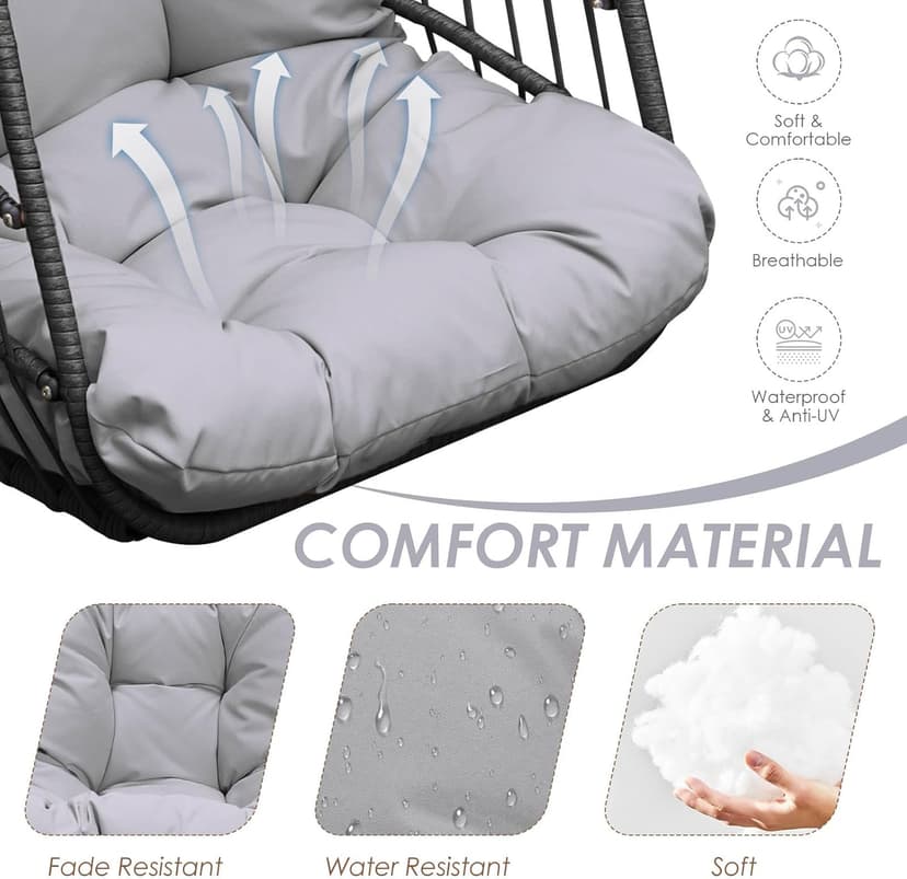 NICESOUL Swing Egg Chair Outdoor Indoor, Patio Wicker Hanging Egg Chairs with Stand, Swinging Hammock with Padded Cushions, 350lbs Sturdy Egg-Shaped Seating for Porch Bedroom Balcony Xmas Gift, Grey