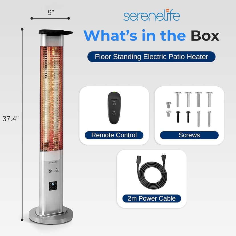 SereneLife Outdoor Electric Patio Heater - 900W Infrared Heater with Remote, Aluminum Reflector, Waterproof Design, IP65 Approved, Quiet Operation, Standing Porch Heater for Patio & Backyard