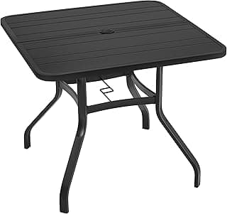 Yaheetech Outdoor Dining Table for 4 People, Square Metal Slatted Patio Table with Umbrella Hole, Outdoor Furniture Garden Table for Lawn Poolside Backyard, Black