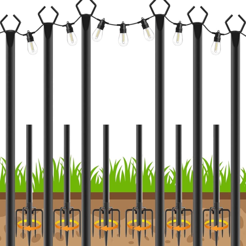 6 Pack String Light Poles, Outdoor String Light Pole 10ft Forked Metal Light Pole with Adjustable Outdoor Light Stand, Deck, Backyard, Garden, Wedding, Rustproof and Sturdy with Hooks