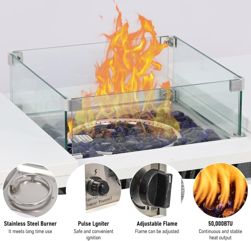42inch Propane Fire Pit Table, Rectangular Gas Firepit Table with Removable Desktop,2 Tier Storage Shelves, Tempered Glass and Rain Cover for Garden, Patio & Backyard (White)
