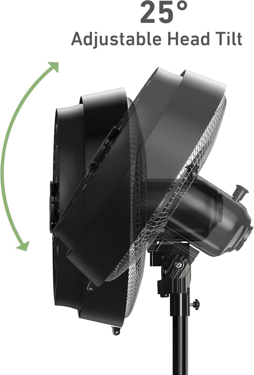 HOLMES 16" Outdoor Misting Stand Fan, Hose Connection, 3 Speeds, 3 Micro-Mist Levels, 80° Oscillation, Adjustable Height, 25° Head Tilt, GFCI Plug, Black