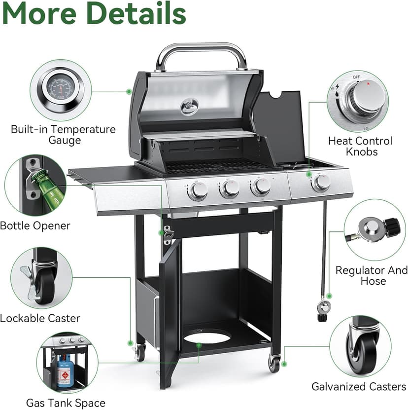 3-Burner Propane Grills with Side Burner, BBQ Gas Grill with Cast Iron Grates and Griddle, Garden Barbecue Grill for Backyard, Camping, Patio, 27,500 BTU