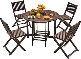 Devoko 5 PCS Patio Furniture, Patio Dining Set Acacia Wood Outdoor Table and Chairs, with 4 Folding Chairs and 37" Round Movable Table, Outdoor Dining Set for Lawn, Balcony, Garden (Deep Brown)