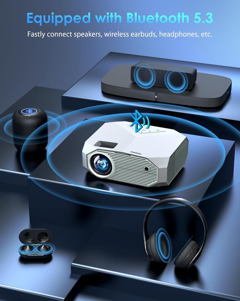 YOWHICK 4K Projector with WiFi and Bluetooth, 20000L Native 1080P Outdoor Portable Movie Projector, Smart Video Projector, 50% Zoom/400" Display, Compatible with HDMI/USB/PC/TV/PS5/DVD/Android/iOS