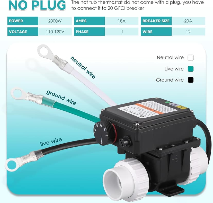 Mxmoonant Hot Tub Thermostat, 2KW 110V Spa Bathtub Heater Thermostat with Temperature Control for 400 Gals Hot Tub, Whirlpool Bathtub, Spa, Small Pool (No Plug)