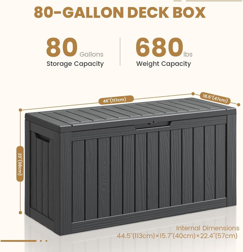 Deck Box, 81 Gallon Outdoor Storage Box Lockable Patio Waterproof for Furniture, Garden Tools,Sports Equipment and Pool Supplies, Waterproof, Resin, Lockable