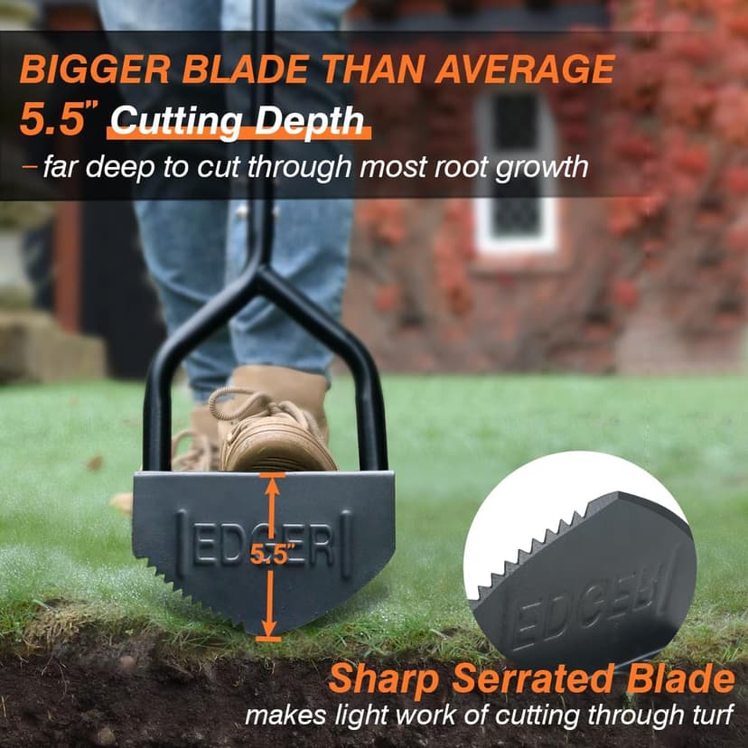 Colwelt Manual Edger Lawn Tool 40-inch, Half Moon Edger Chopper Lawn Tool with V-Shape Serrated Blade, Solid Steel Lawn Edger Tool with Soft T-Grip, Garden Edger for Sidewalk, Grass, Yard, Landscape