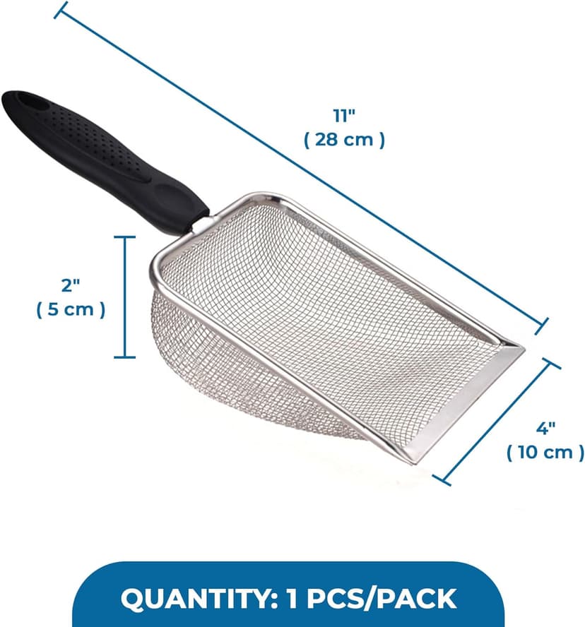 SunGrow Cat, Reptile Sand Scoop, Stainless Steel Fine Mesh Net for Lizard, Gecko, Snake Habitat, Substrate and Gravel Sifter, Black Non-Slip Handle Sifter, 11” x 4” x 2”, 1 Pc