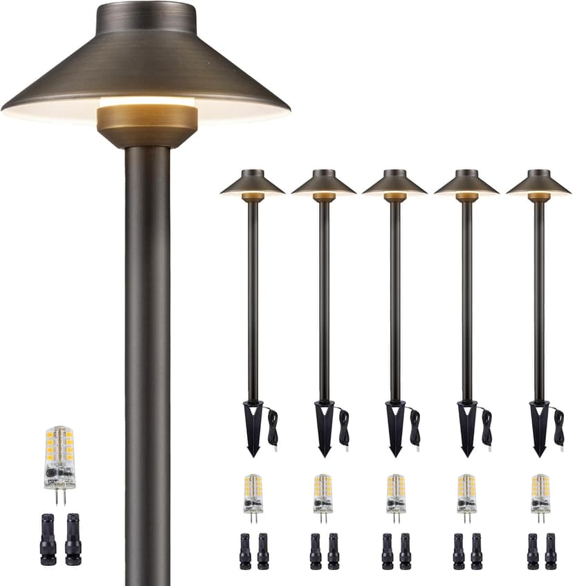 Brass Low Voltage Landscape Lighting - 12V LED Path Lights IP65 Waterproof, Hard-Wired Pathway Light Bronze for Outside Walkway Garden with 3W 2700K Warm White G4 Replaceable Bulb (6 Pack)