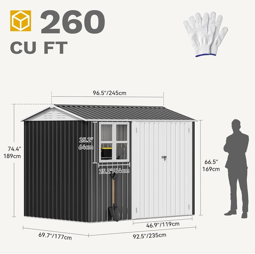 DWVO 8x6ft Metal Outdoor Storage Shed with Window, Lockable Tool Storage Sheds, Oversized Steel Garden Sheds with Sloped Roof for Backyard, Patio, Garage, Lawn, Dark Gray