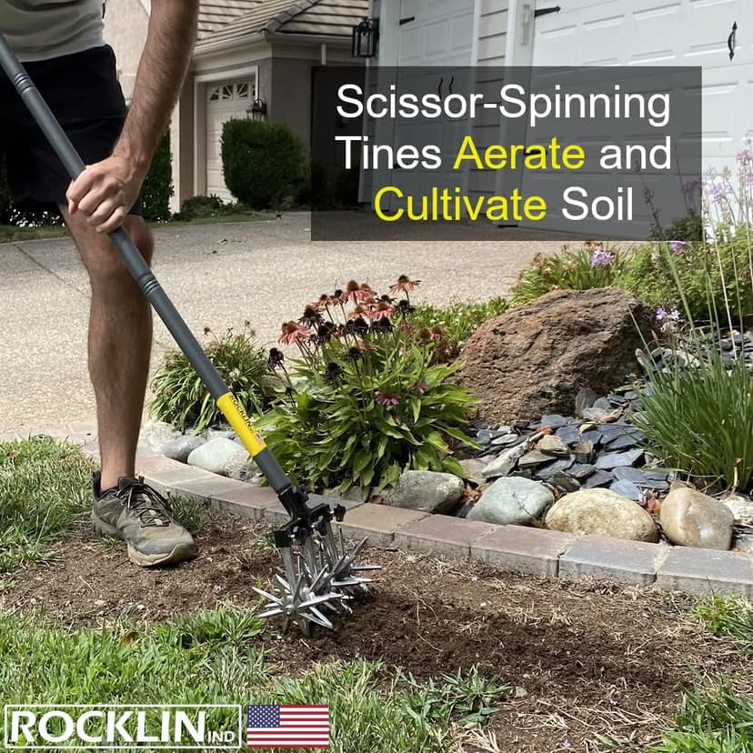 Rocklin Rotary Cultivator Tool - 60” Extra Long Handle - Aluminum Tines - Light Duty - for Softer Soils and Lawns - Also Great for Raised Bed Cultivating
