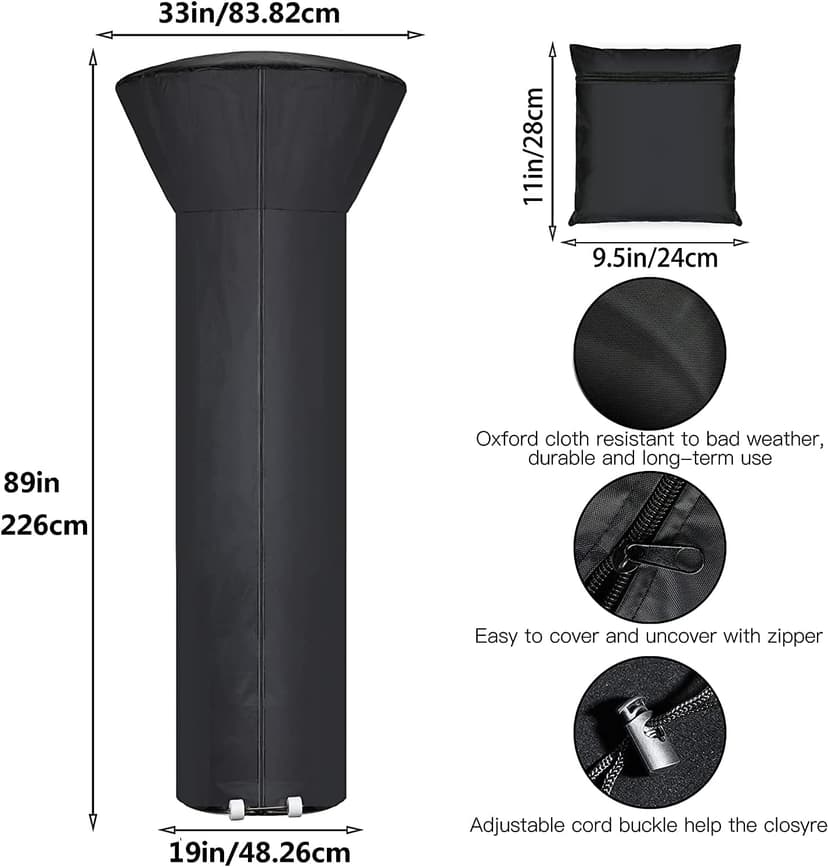 [2 Pack] Patio Heater Covers with Zipper and Storage Bag,Waterproof,Dustproof,Wind-Resistant,Sunlight-Resistant,Snow-Resistant,Black,89'' Height x 33" Dome x 19" Base