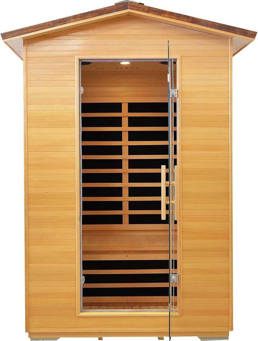 Outdoor Sauna 2 Person Far Infrared Saunas Dry Home Sauna Room Hemlock 1 to 2 Person Wood Sauna 1950W/110V Low EMF with Bluetooth Speaker, Reading Light, Cup Holder and Towel Rack - 47*39*82 IN