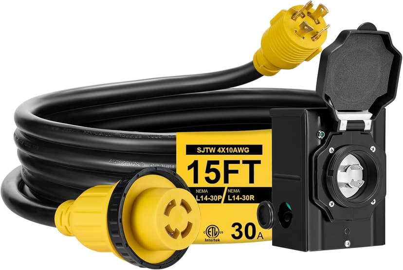 15FT 30 Amp Generator Cord with Pre-Drilled Power Inlet Box,Heavy Duty Generator Power Cord 4 Prong,125/250V,NEMAL14-30P/14-30R,Waterproof,ETL Listed,Home/RV Power Supply