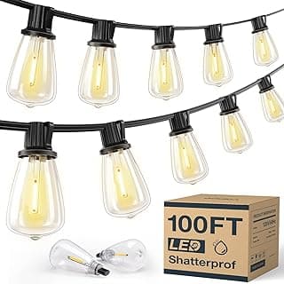 KYY 100FT Outdoor String Lights Waterproof LED Patio Lights with Shatterproof 32(2 Spares) Edison ST38 Bulb Durable Dimmable Hanging for Outside Garden Porch Deck Bistro Backyard Events