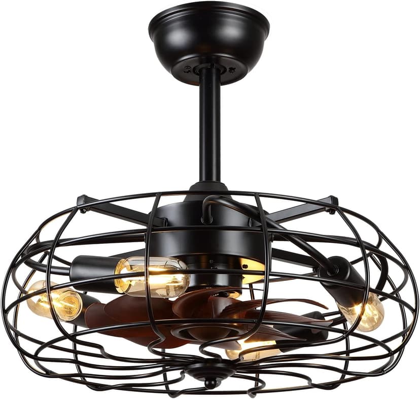 Asyko Caged Ceiling Fans with Lights - Black Outdoor Ceiling Fan with Remote and Reversible Fan Blades, Bladeless Low Profile Fan Light Fixtures for Indoor, Patios, Farmhouse(E26 Bulbs Not Included)
