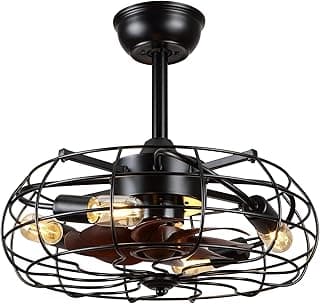Asyko Caged Ceiling Fans with Lights - Black Outdoor Ceiling Fan with Remote and Reversible Fan Blades, Bladeless Low Profile Fan Light Fixtures for Indoor, Patios, Farmhouse(E26 Bulbs Not Included)