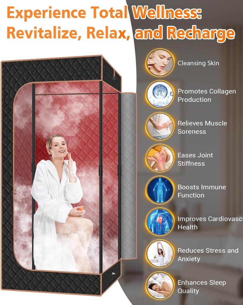 Portable Steam Sauna for Home: Full Body Sauna Box with 3L 1000W Steamer, 9Levels, Remote Control, Folding Chair, Saunas Tent for Gym, Pilates, Spa, Indoor, Outdoor, 36" x 36" x 71", Black & Brown