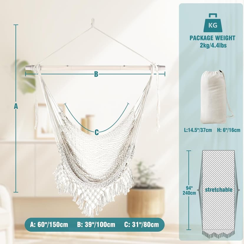Chihee Hammock Chair Super Large Hanging Chair Soft-Spun Cotton Rope Weaving Chair, Collapsible Strong Metal Spreader Bar Wide Seat Lace Stretch Swing Chair Indoor Outdoor Garden Yard Theme Decoration
