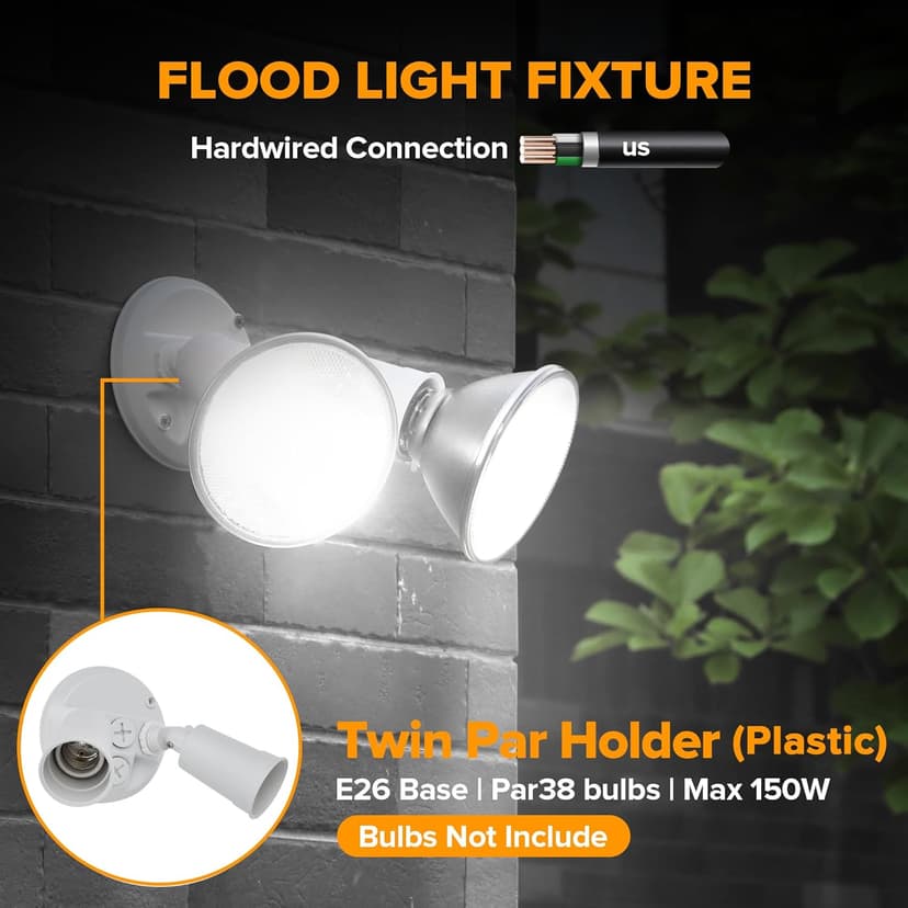 LUTEC 2 Pack Adjustable Twin Par Holder Outdoor Flood Lights, Switch Controlled Security Lights, Floodlights Fixture, Waterproof Exterior Max 300 Watt Par38 Flood Light for Garage, Yard, Porch-White
