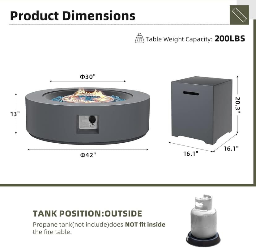 UPHA 42-inch Outdoor Propane Gas Fire Pit Table 50000 BTU Concrete Round FirePit for Outside Patio with Propane Tank Cover, Blue Glass Rocks, Rain Cover, Grey