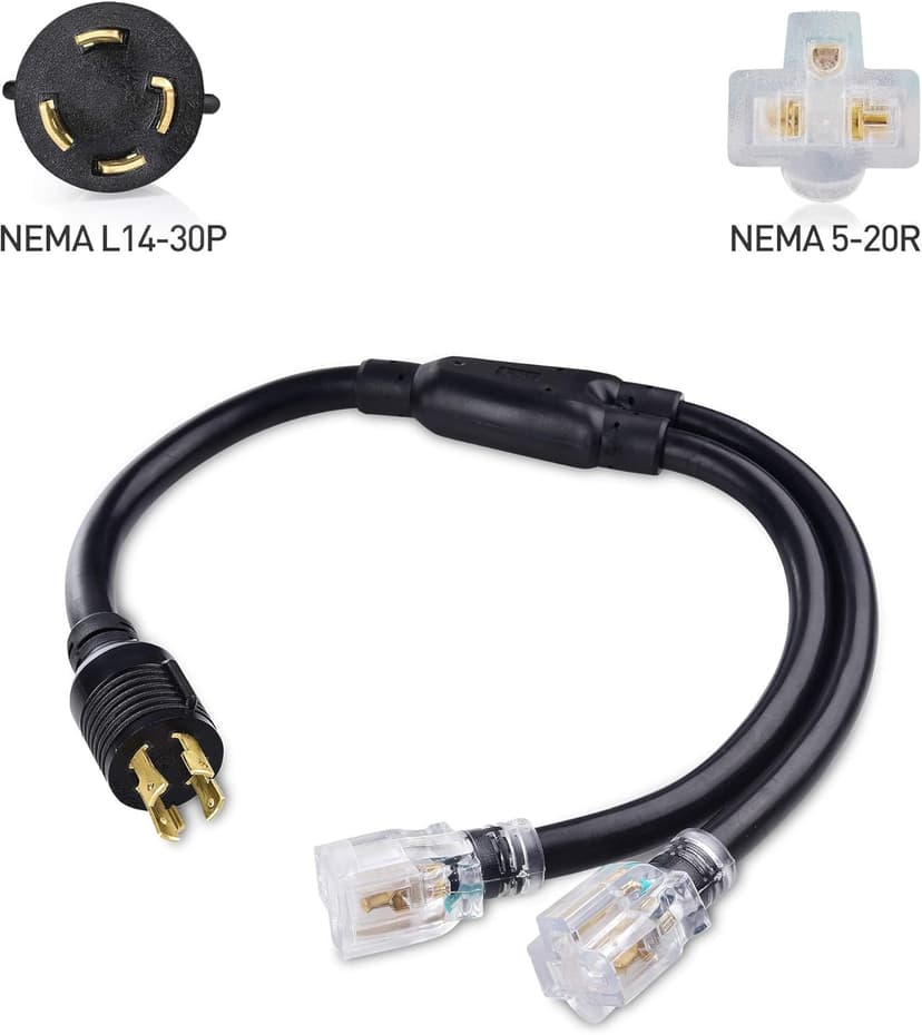 Cable Matters LED-Lit 4 Prong 30 Amp to 15 Amp Adapter for Generator (30 AMP to 110 Adapter Splitter) 30 Inches - NEMA L14-30P to 2X 5-20R