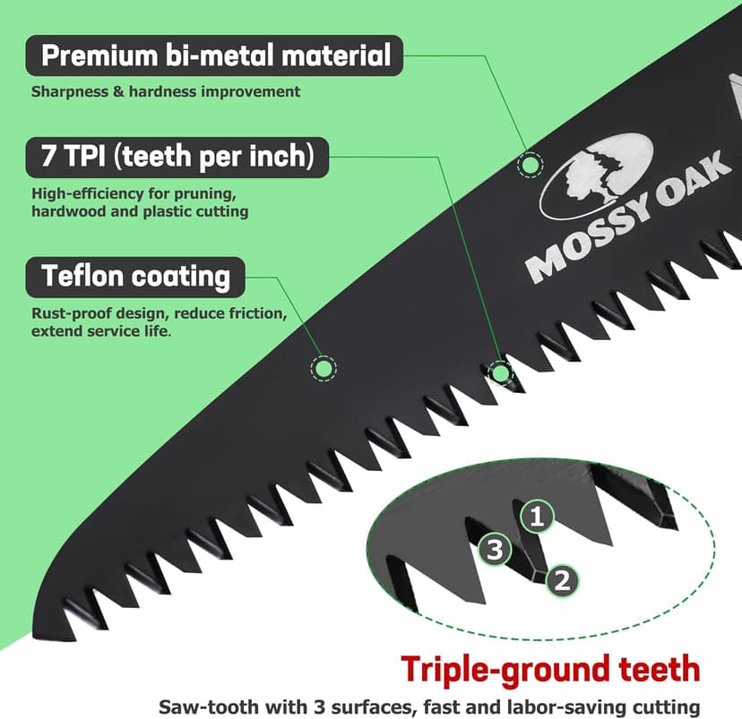 MOSSY OAK Folding Saw - 7 Inch Pruning Hand Saw with Pouch, D6A & M2 Bimetal Saw Blade, Hunting Saw Foldable for Deer, Tree, Wood, and Limb Cutting