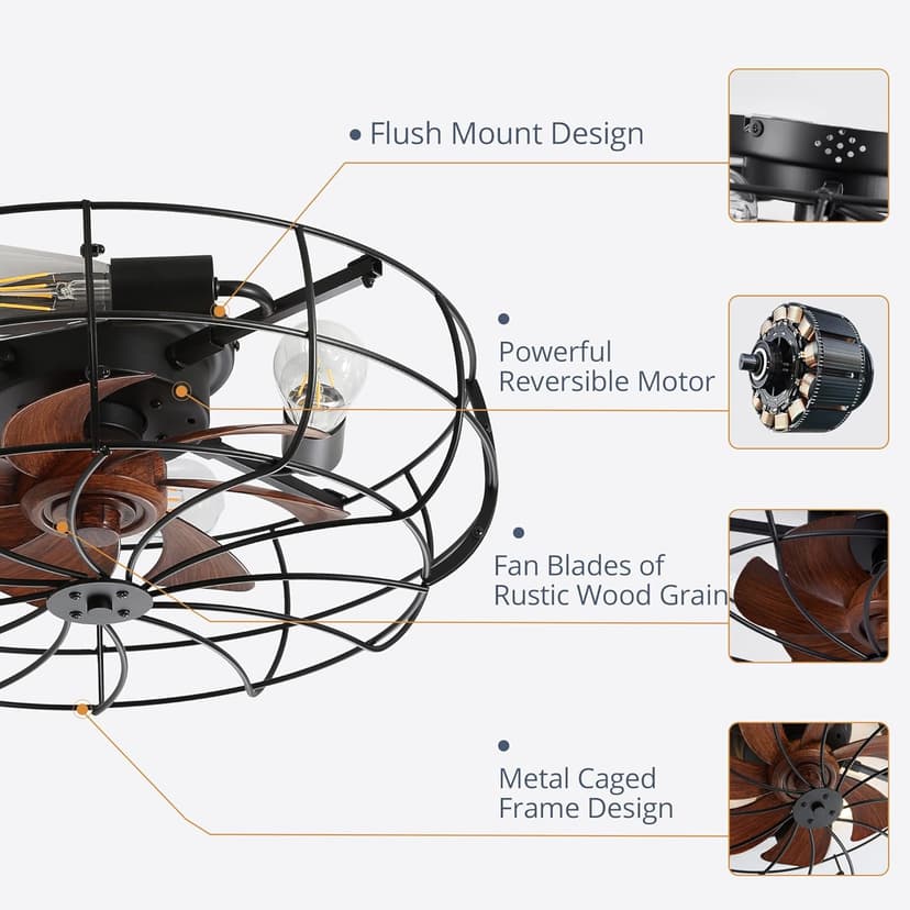 LEDIARY 20" Caged Ceiling Fans with Lights and Remote, Flush Mount Bladeless Ceiling Fan Low Profile, Small Farmhouse Industrial Enclosed Ceiling Fan with Light for Bedroom, Kitchen, Indoor