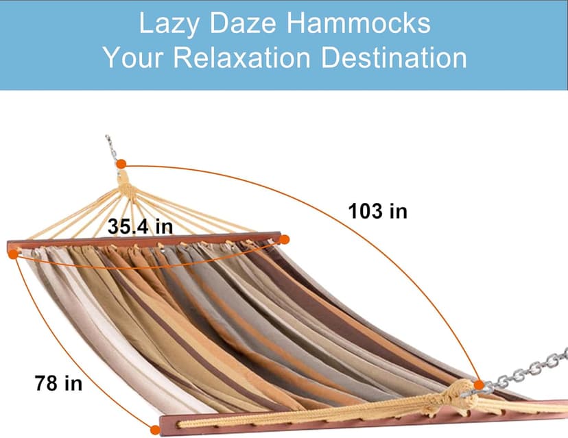 Lazy Daze Hammocks Cotton Fabric Spreader Bar Hammock and 10.5 Ft Wood Arc Hammock Stand Combo, for Indoor, Outdoor,Patio, Backyard, Khaki and Brown