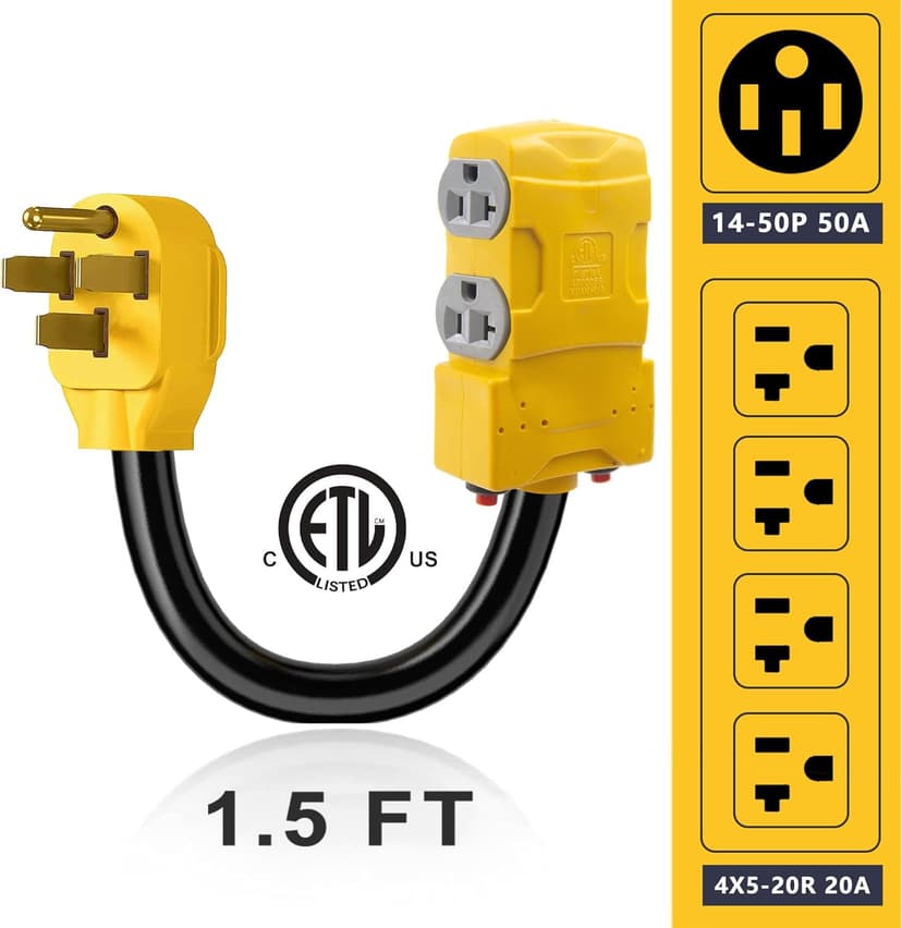 50 Amp to 20 Amp 110V RV Distribution Adapter, NEMA 14-50P to 4 X 5-20R/15R RV Generator Adapter, 4-Prong to Mutiple Household Outlet w/ 20amp Circuit Breaker, 1.5FT