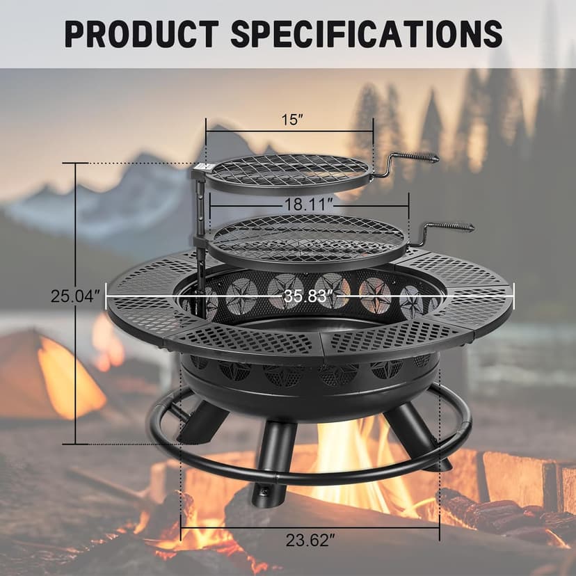 36 Inch Fire Pit with 2 Cooking Grills,Outdoor Wood Burning BBQ Firepit with Lid, 3-in-1 Outdoor Fire Pit for Backyard Deck Bonfire Patio Picnic